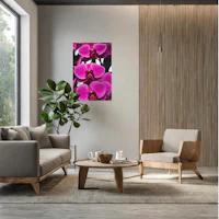 a living room with purple orchids on the wall