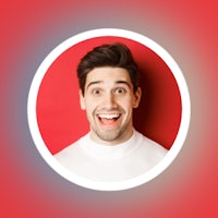 a man with a smile on a red background