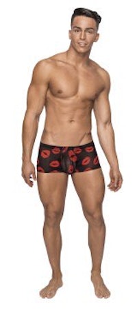 a man in a black and red boxer shorts