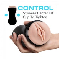 a hand holding a black dildo with the words control squeeze center cup to tighten