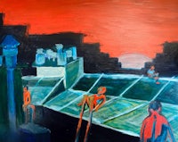 a painting of people on a rooftop at sunset