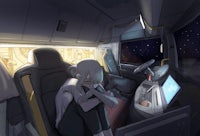 a girl sitting in the back seat of a train