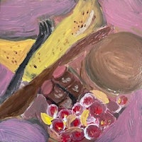 a painting of a banana, grapes and other fruit