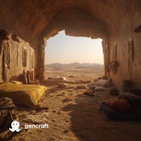 a room with a bed in the middle of the desert