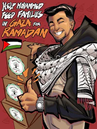 a man holding up a box of food for a palestinian family