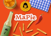 a bottle of beer and a bag of fries with the word mapie on it