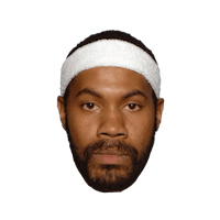 the head of a man with a white headband