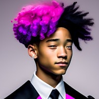 a young man in a suit and tie with a colorful afro