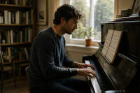 a man playing a piano in front of a window