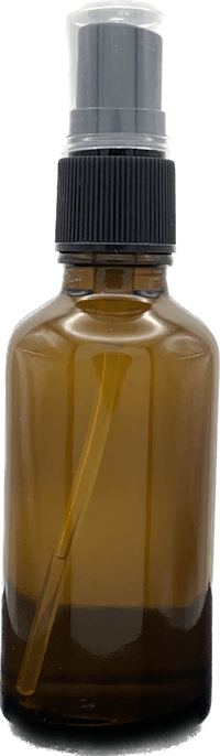 a brown glass bottle with a black lid