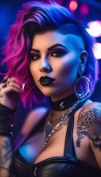 a woman with purple hair and tattoos posing for a photo