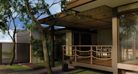 a 3d rendering of a house with a balcony and trees