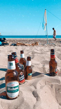a group of beer bottles on the beach