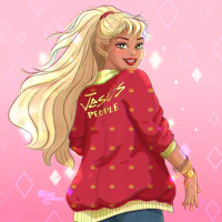 a girl in a red jacket with long blonde hair