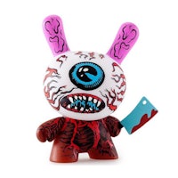 a toy bunny with a knife in his mouth