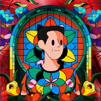 a stained glass with a man in it