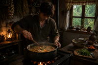 a man is cooking food in a pot on a stove