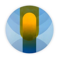 a blue and yellow circle with a yellow sun in the middle