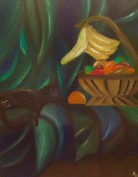 a painting of a cat with a basket of bananas