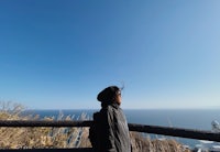 a person standing on a railing overlooking the ocean