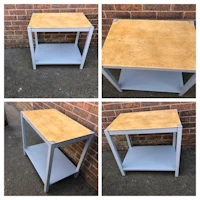 four pictures of a side table with a wooden top