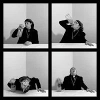 four black and white photos of a man drinking from a bottle