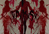 a woman with blood on her face is standing in front of a bloody background