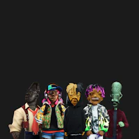 a group of cartoon characters standing in front of a black background