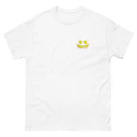 a white t - shirt with a yellow face on it