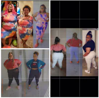 a collage of photos of a woman in different outfits