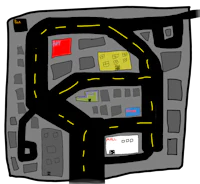 a map of a city with a street and a parking lot