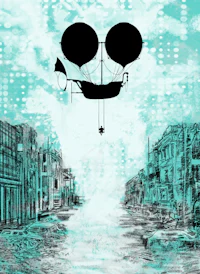 a black and white illustration of a man in a hot air balloon flying over a city