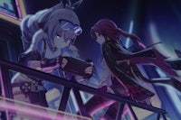 two anime characters standing on a railing at night