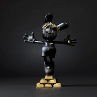 a black and gold statue of a bunny on a black background
