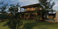 a 3d rendering of a house with a pool
