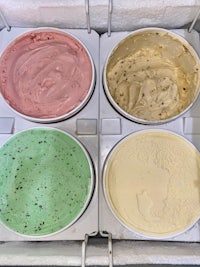 four bowls of ice cream in a plastic container