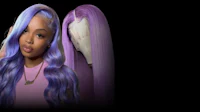 a woman with long purple hair is standing next to a black background