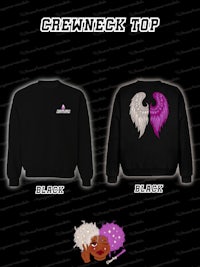 a black sweatshirt with purple wings on it