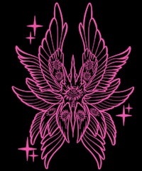 a pink bird with wings on a black background