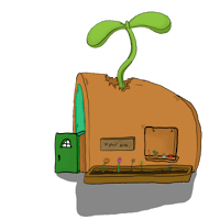a cartoon of a house with a plant growing out of it