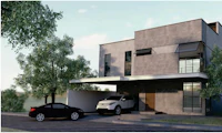 3d rendering of a modern house with a car parked in front of it