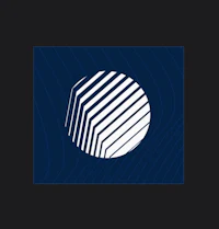 a blue and white logo with a circle in the middle