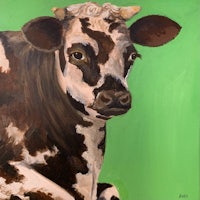 a painting of a cow on a green background