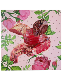 a painting of meat and roses on a pink background
