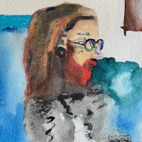 a watercolor painting of a woman with glasses