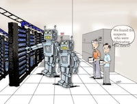 a cartoon of two robots in a server room