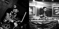 a black and white photo of two djs