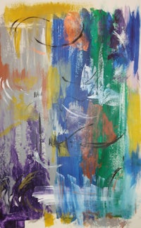 an abstract painting with yellow, blue, and purple colors