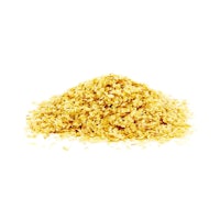 a pile of yellow rice on a white background