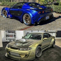 a blue and gold sports car is parked next to another car